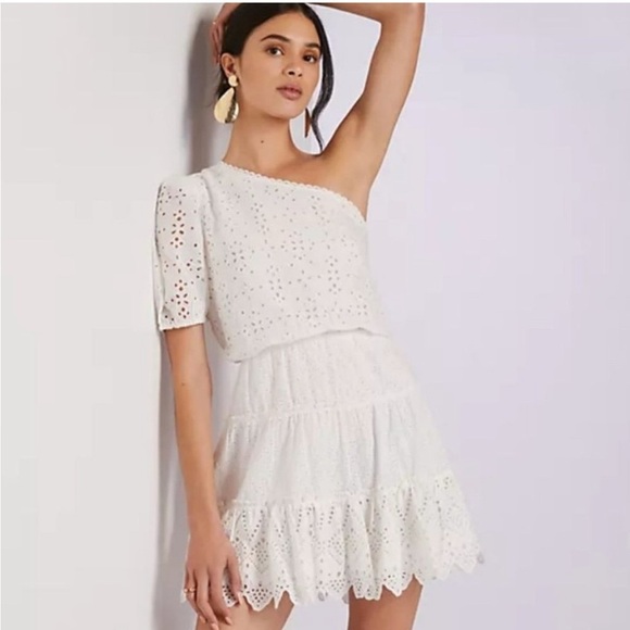 HEMANT & NANDITA Cream/White Eyelet One-Shoulder Tiered Mini Skirt Dress Size 8 - Picture 1 of 11